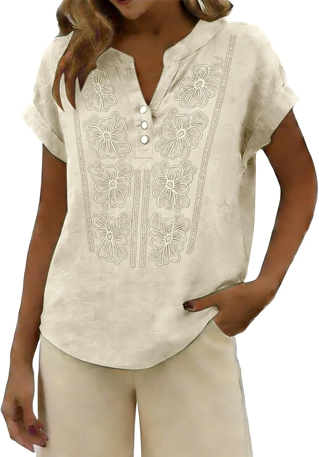 Блуза с вышивкой, льняная хлопковая, Women's Linen Cotton Neck Blouse, бежевый — фото 2