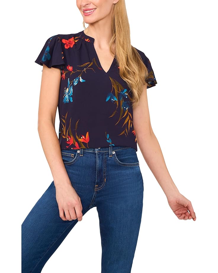 

Блуза CeCe V-neck Shirred Neck Flutter, классический темно-синий