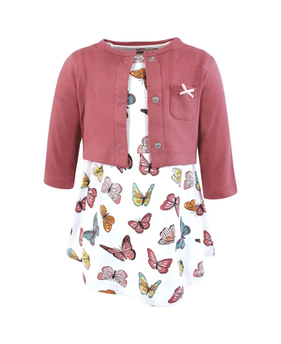 Легкий хлопковый комплект: платье и кардиган Hudson Baby, Mauve Butterflies