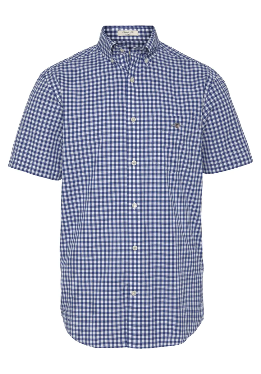 

Рубашка Gant с короткими рукавами "Regular Fit Gingham Poplin Shirt, износостойкая, простая в уходе в клетку", с небольшой вышивкой логотипа на нагрудном кармане, синий