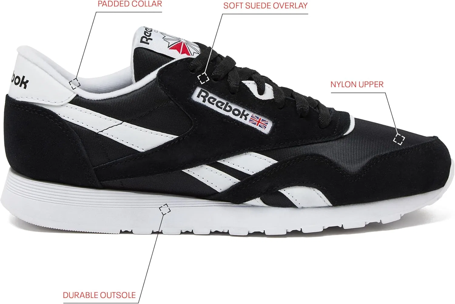 Кроссовки Reebok Klassische Nylon для Herren, Tennisschuhe, Core Black Footwear White Footwear White — фото 2