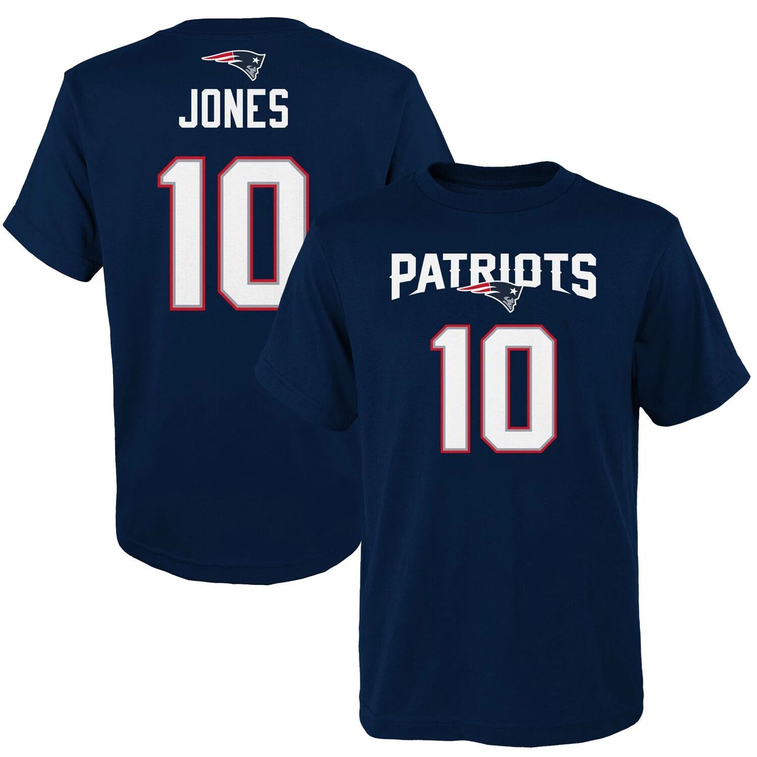 

Молодежная футболка Mac Jones Navy New England Patriots Mainliner с именем и номером Outerstuff