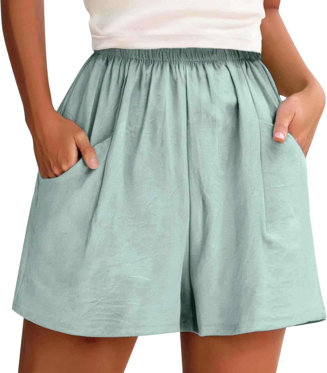 Шорты для женщин широкие с высокой талией, Linen Shorts, Mint Green
