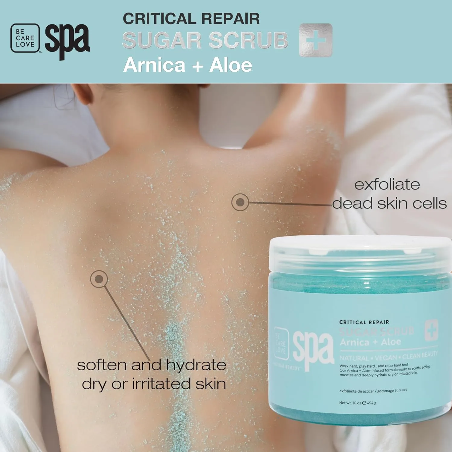 BCL Spa Critical Repair Sugar Scrub - Профессиональный отшелушивающий скраб для тела для сухой, огрубевшей кожи и мозолей с арникой и алоэ - Уход за собой для женщин и мужчин, Сделано в США, 450 мл 453.60 г (1 шт.), Olive — фото 3