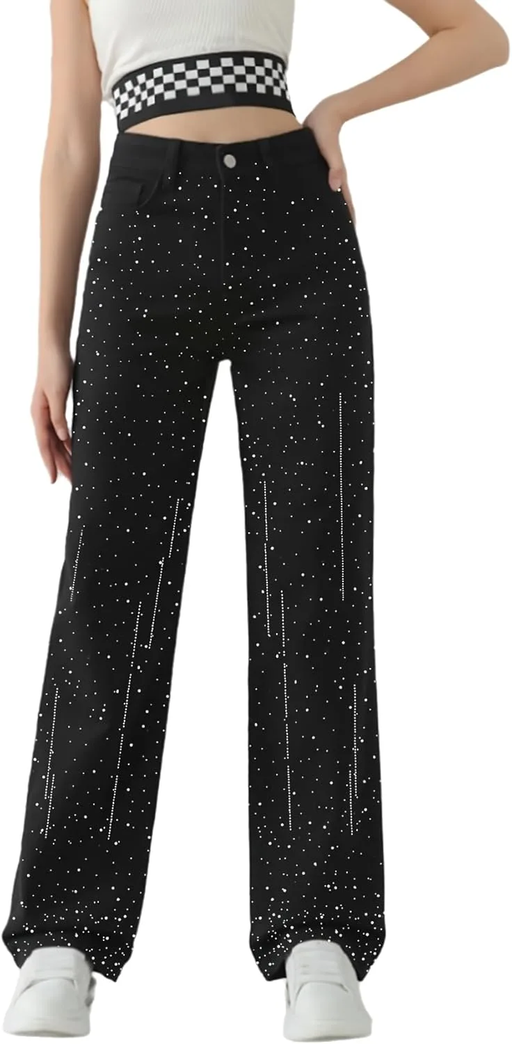 

Женские джинсы с высокой талией и прямыми штанинами, с пайетками и стразами, эластичные YADMISU