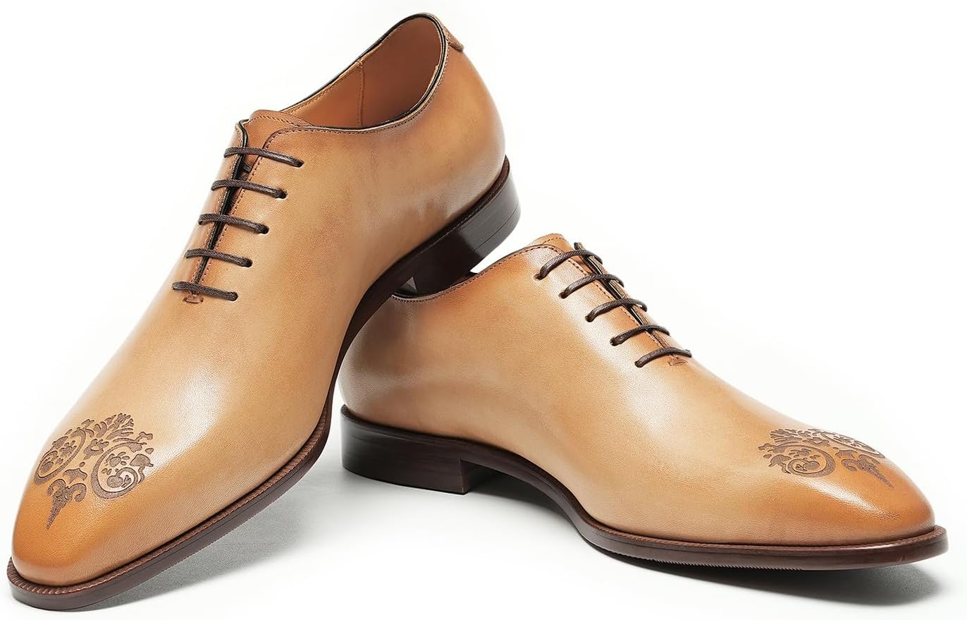 Мужские туфли Santimon из натуральной кожи Oxfords- классические вечерние туфли ручной работы с заостренным носком, шнуровкой и винтажной цветочной гравировкой для деловых встреч, выпускных и свадеб, Tan — фото 4