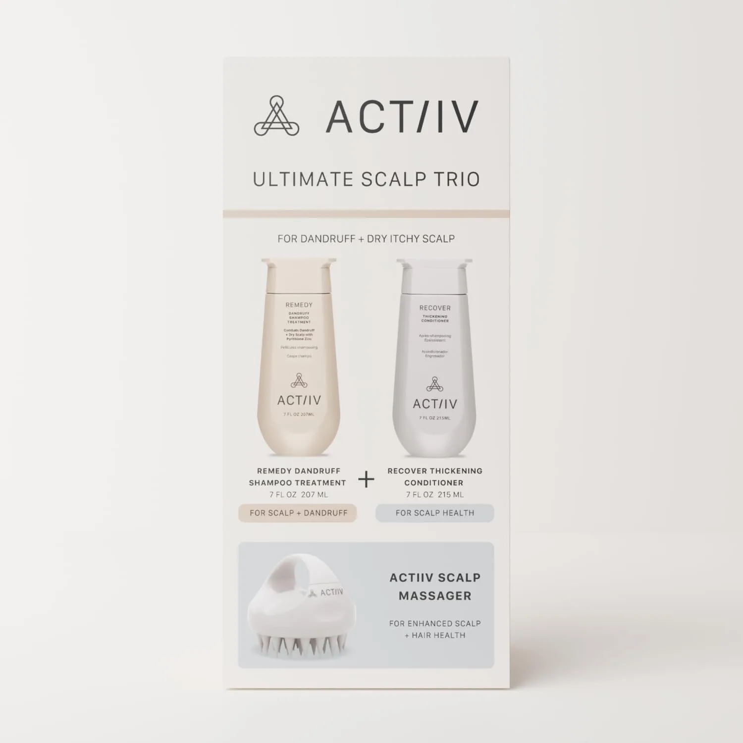 ACTIIV Ultimate Scalp Trio: успокаивает сухую зудящую кожу головы, уменьшает шелушение, укрепляет и увлажняет волосы, включает шампунь от перхоти, кондиционер и массажер для кожи головы, веган, для всех типов волос — фото 2