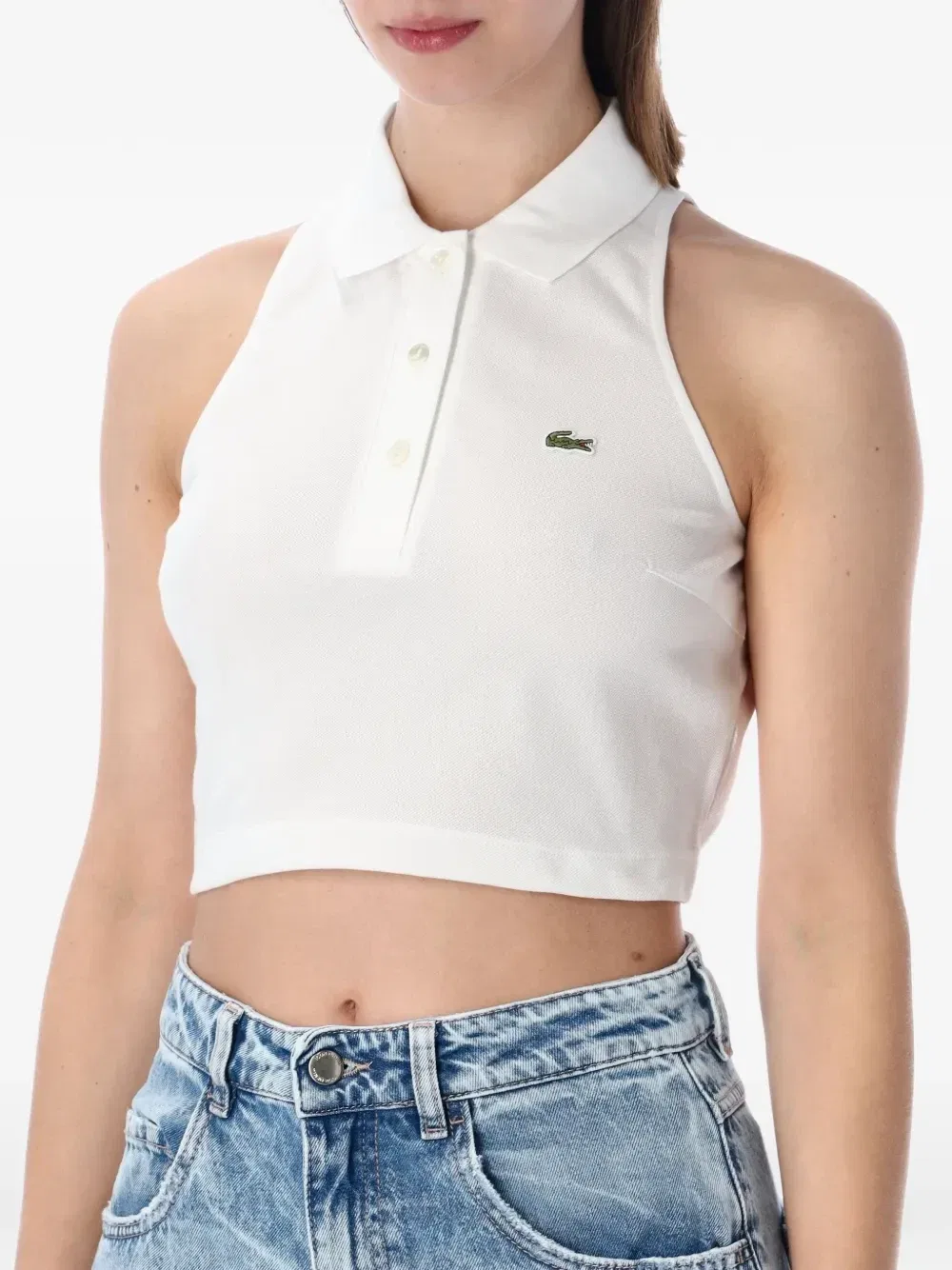 Укороченная футболка-поло без рукавов Lacoste, с воротником поло, белый — фото 3