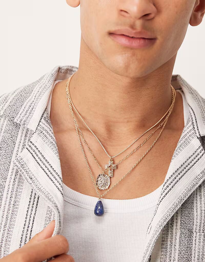 

Набор из трех кулонов-полудрагоценностей Festival в золоте Asos Design