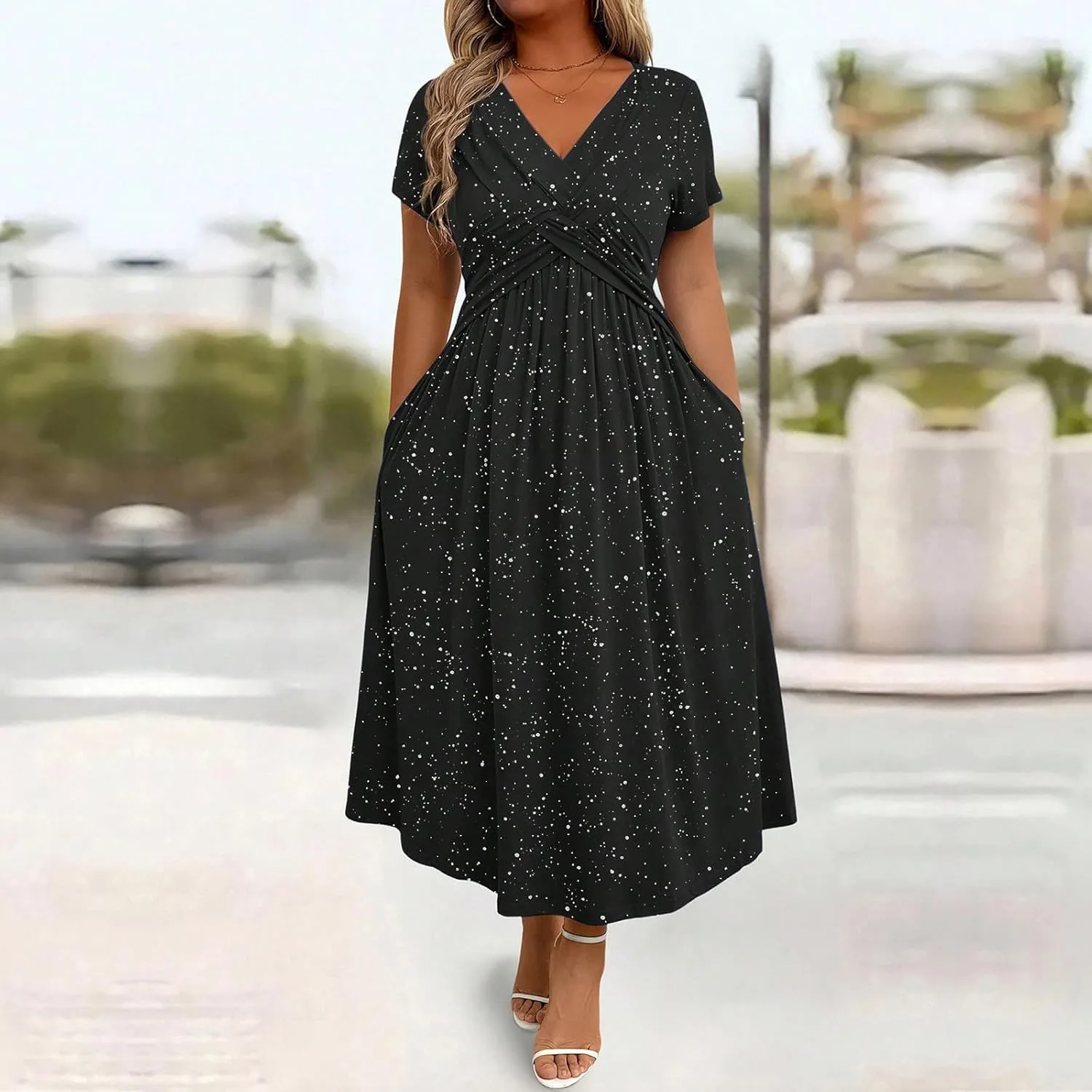 Платье для вечеринки или свадьбы Plus Size с коротким рукавом, блестками, V-образным вырезом и карманами Generic, черный — фото 2