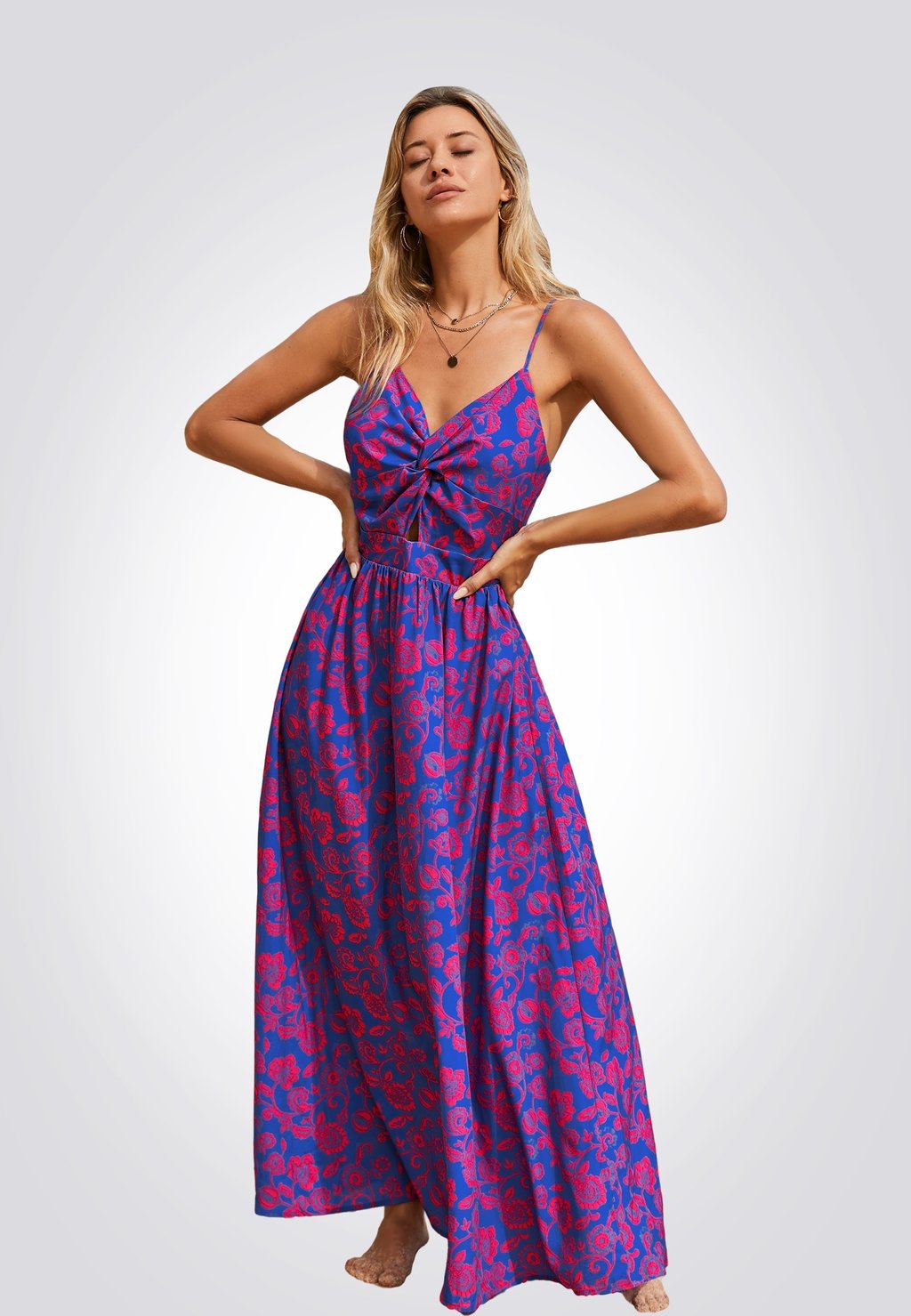 

Длинное платье GEKNOTETES MIT BLUMENMUSTER UND V-AUSSCHNITT Cupshe, цвет Königsblau