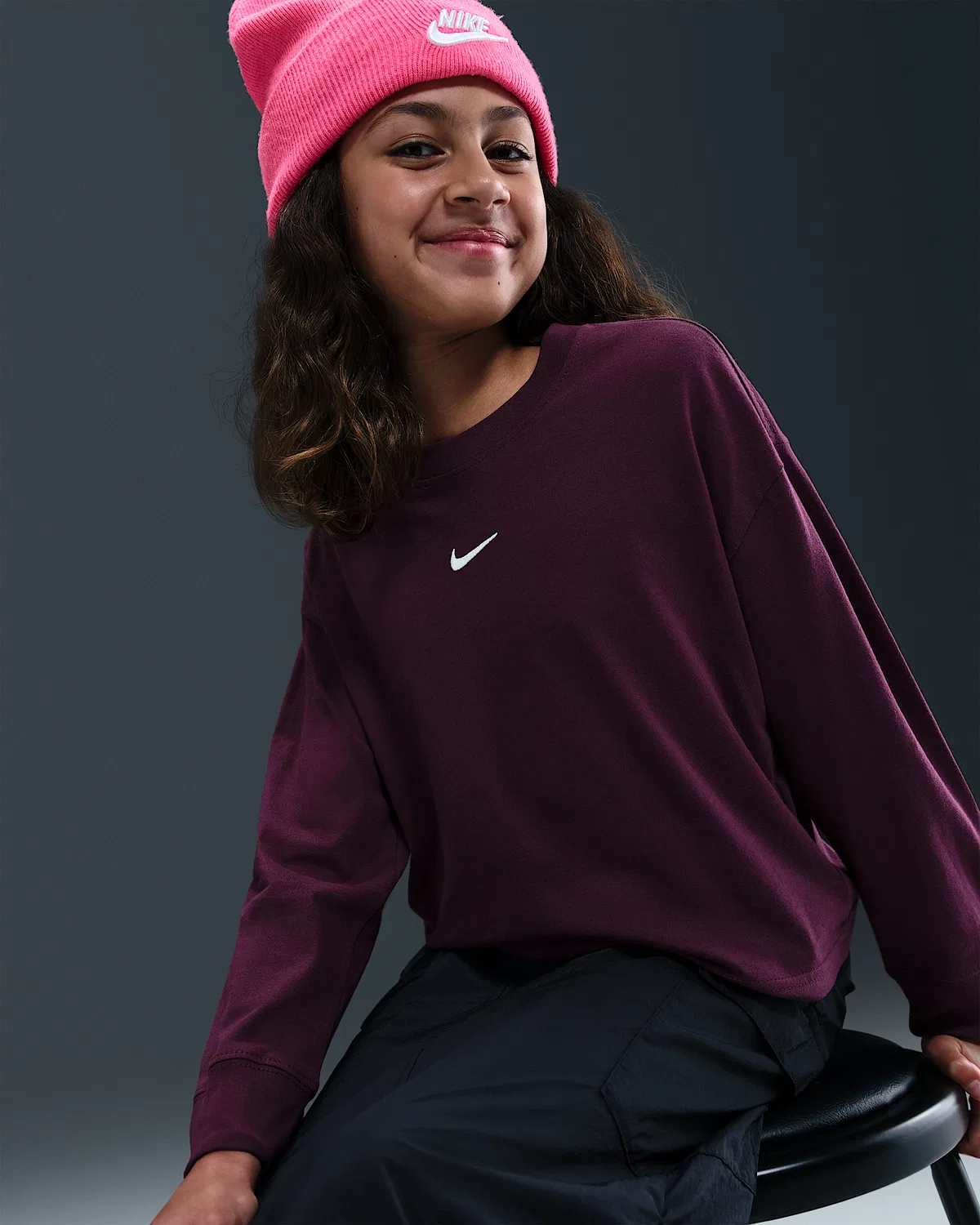Длинный рукав футболка Nike Sportswear Essential для детей (девочек), Bordeaux — фото 3