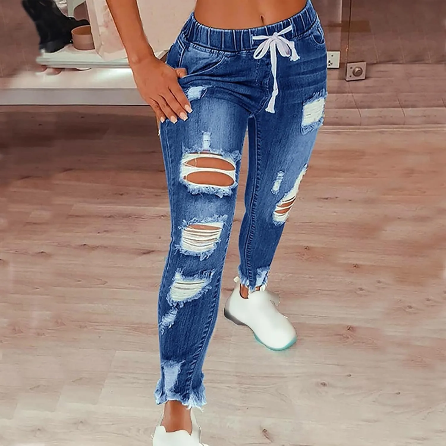 Скинни джинсы для женщин High Waist Straight Leg с эффектом потертостей — фото 2