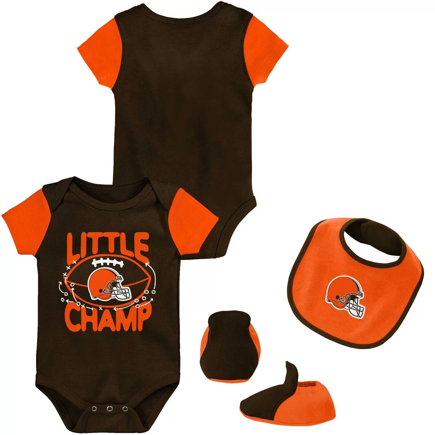 

Коричневый/оранжевый комплект из трех частей боди Cleveland Browns Little Champ для новорожденных и младенцев с нагрудником и пинетками Outerstuff