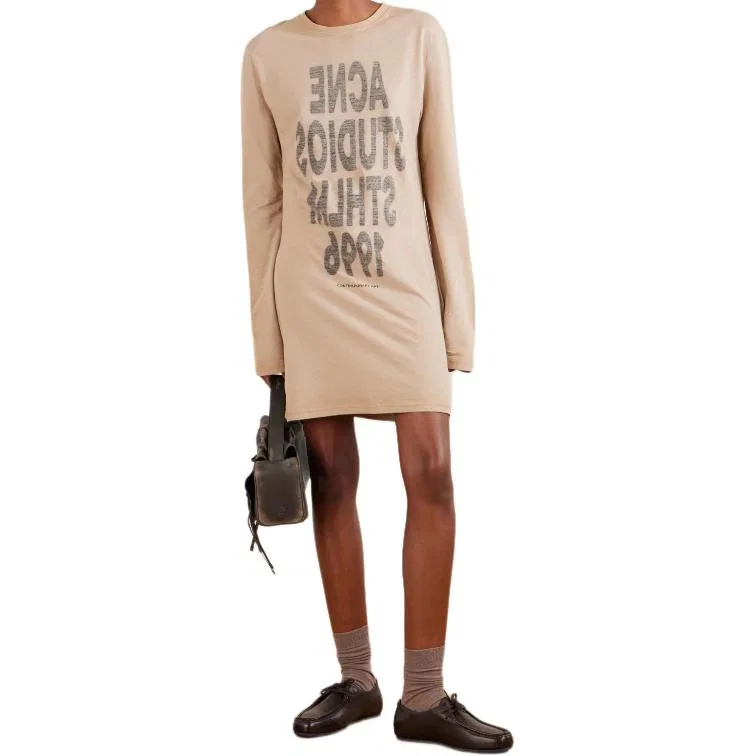 Платье мини с длинным рукавом из хлопкового джерси Acne Studios бежевое — фото 3