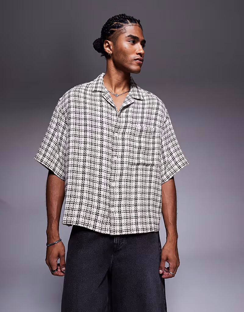 

Рубашка свободного кроя с узором «ёлочка» бежевого цвета Asos Design