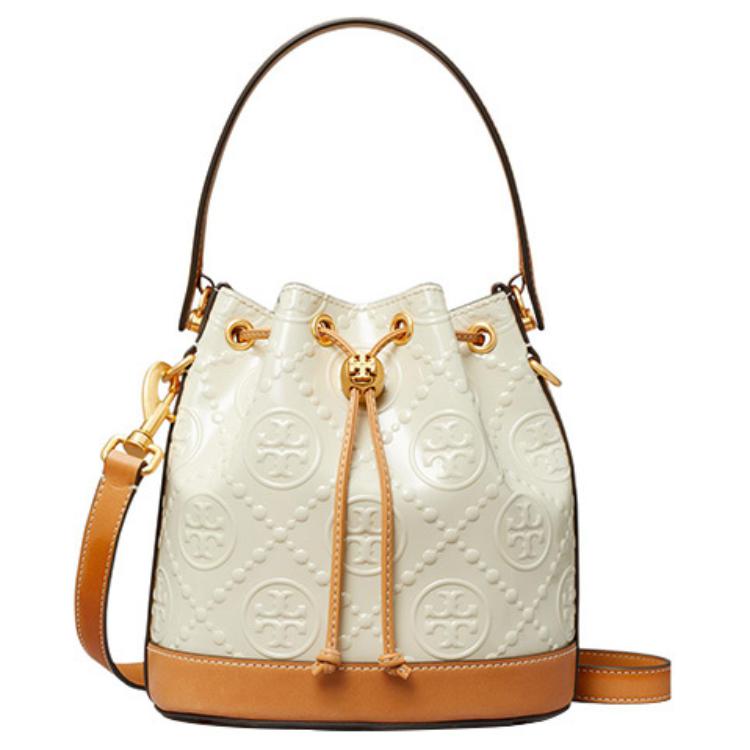 

Монограмма T Патентная кожа Сумка-ведро, Женская сумка через плечо Stone White TORY BURCH
