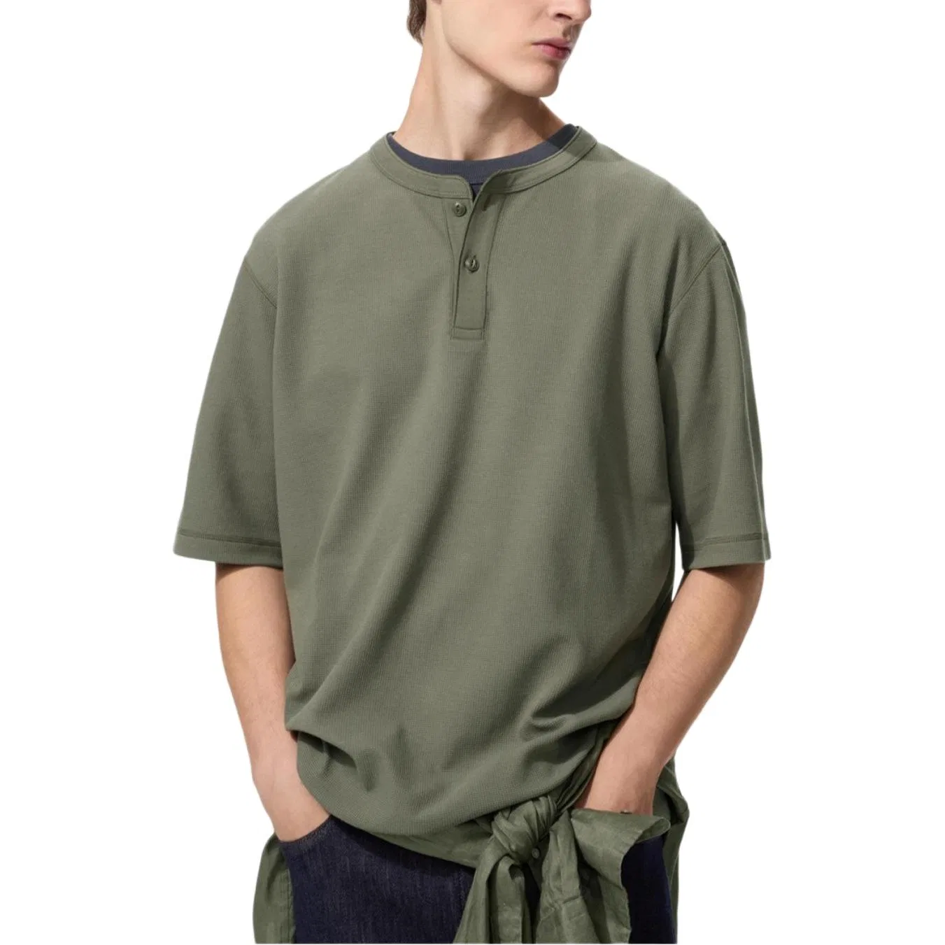 Футболка Uniqlo Dry Waffle Henley Neck Unisex, 57 оливковый