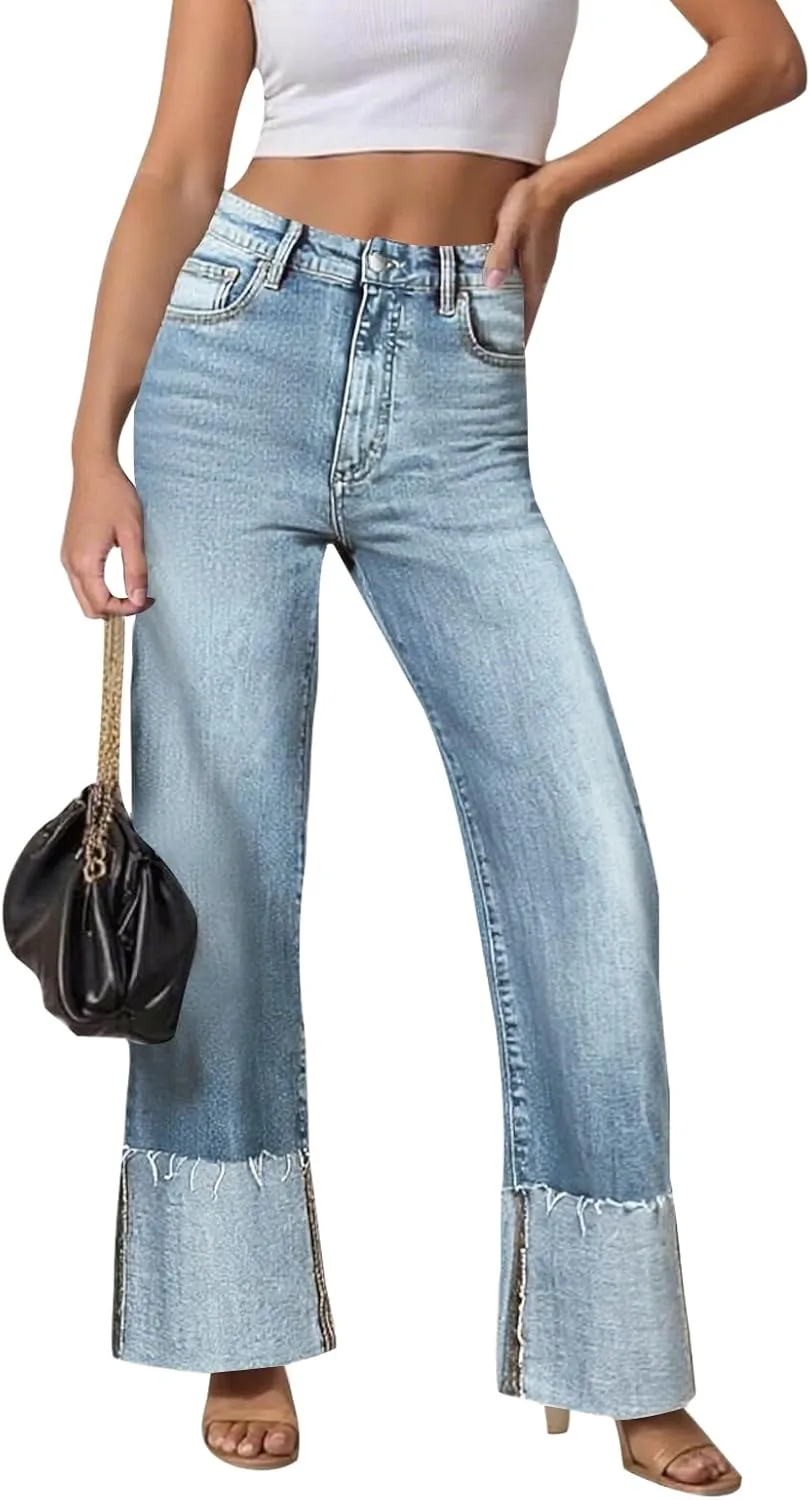 

Женские джинсы Cuffed с высокой талией и прямыми штанинами