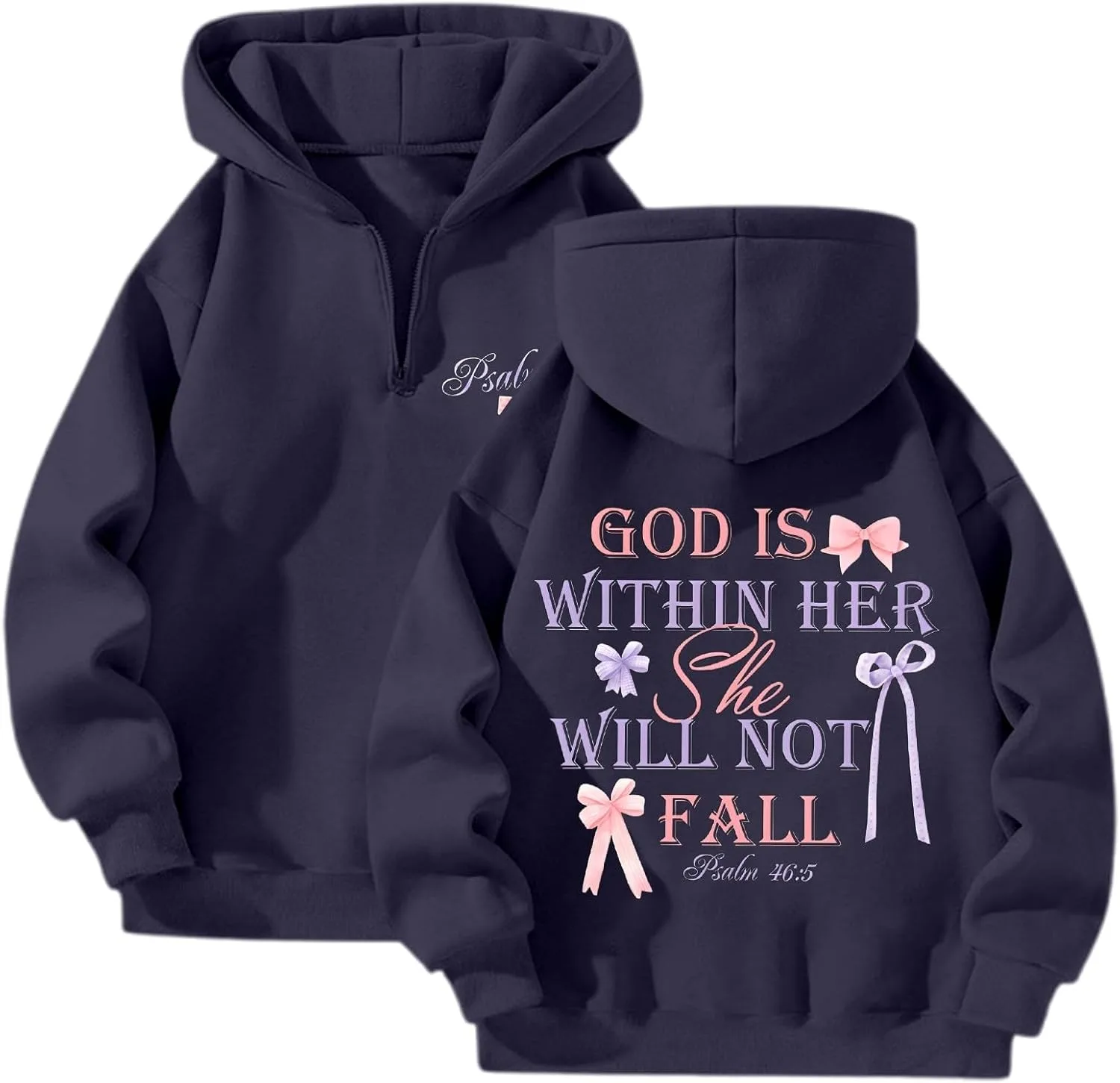 Толстовка с капюшоном Christian для женщин Half Zip с библейским стихом "God is Within Her She Will Not Fall" Generic, темно-синий