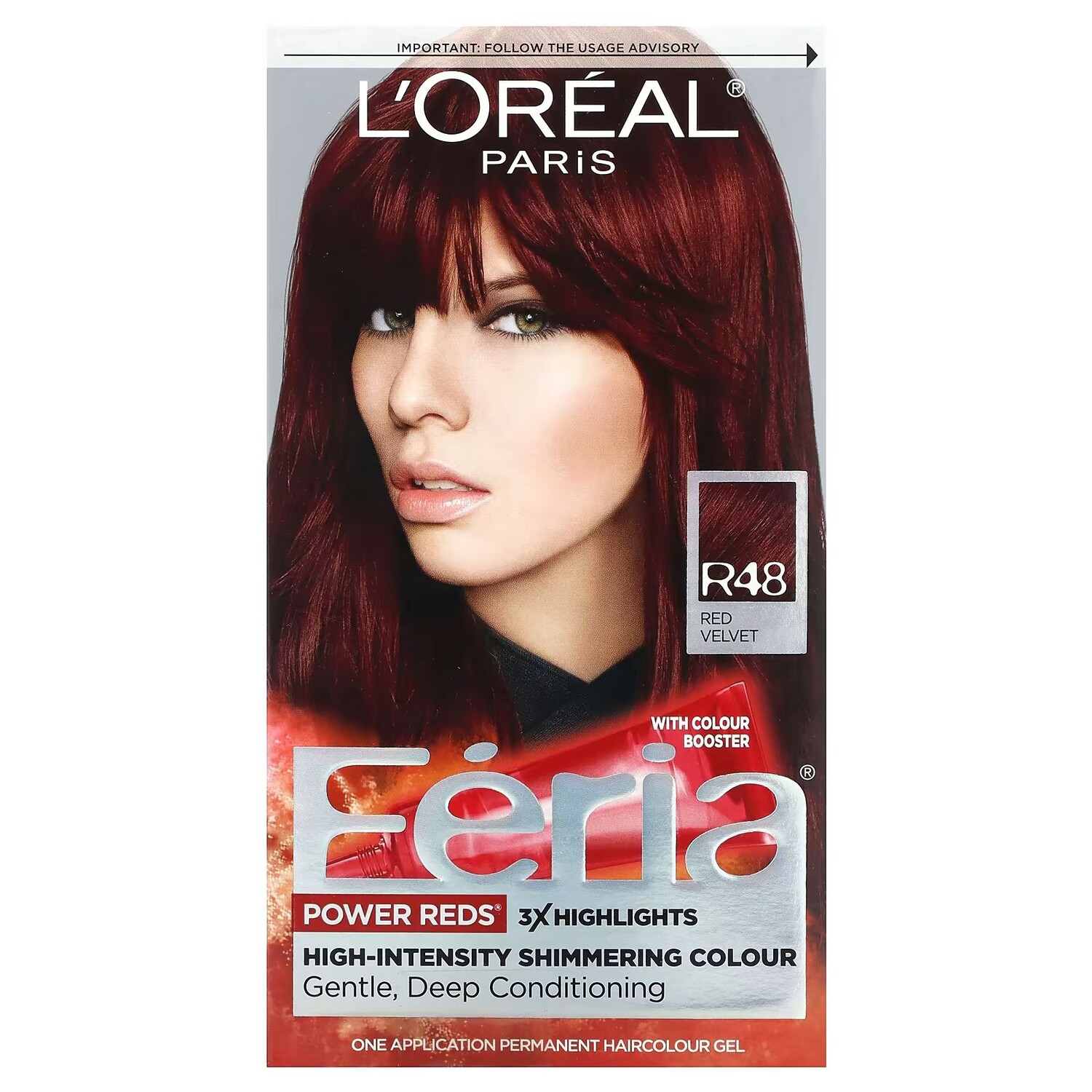 

Feria, Power Reds, Насыщенный мерцающий цвет, R48 Red Velvet, 1 применение L'Oréal