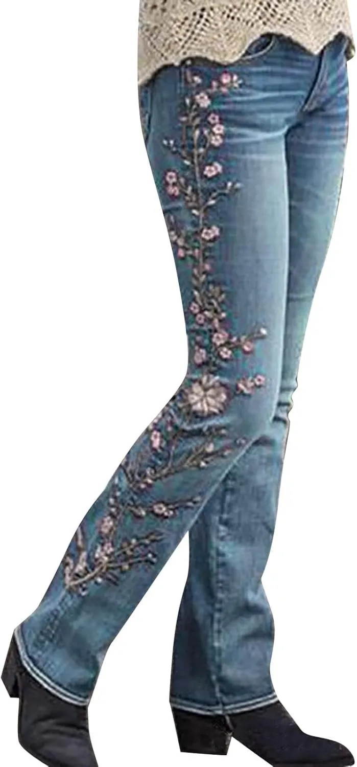 

Женские джинсы с цветочной вышивкой Bell Bottom Stretchy High Rise TIAFORD