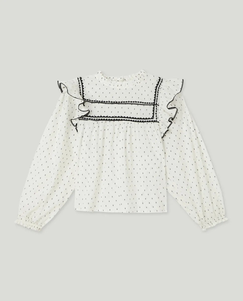 

Романтическая блузка с длинными рукавами для девочки с кружевами на груди и боковыми воланами Kids El Corte Inglés, белый