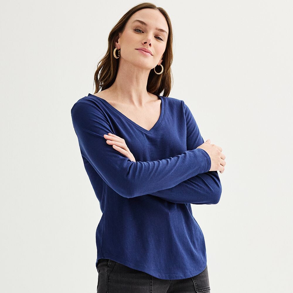 

Petite Sonoma Goods For Life Футболка на каждый день с длинными рукавами и v-образным вырезом, цвет Blue Beauty