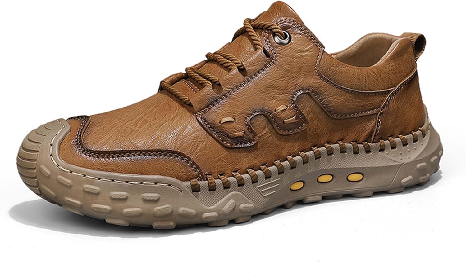 

Мужские кожаные прогулочные туфли, модные ретро-кэжуал кроссовки, низкие повседневные туфли для мужчин, ручная прошивка подошвы, нескользящие и прочные, подходят для всех сезонов Vtiao, желтый/золотой