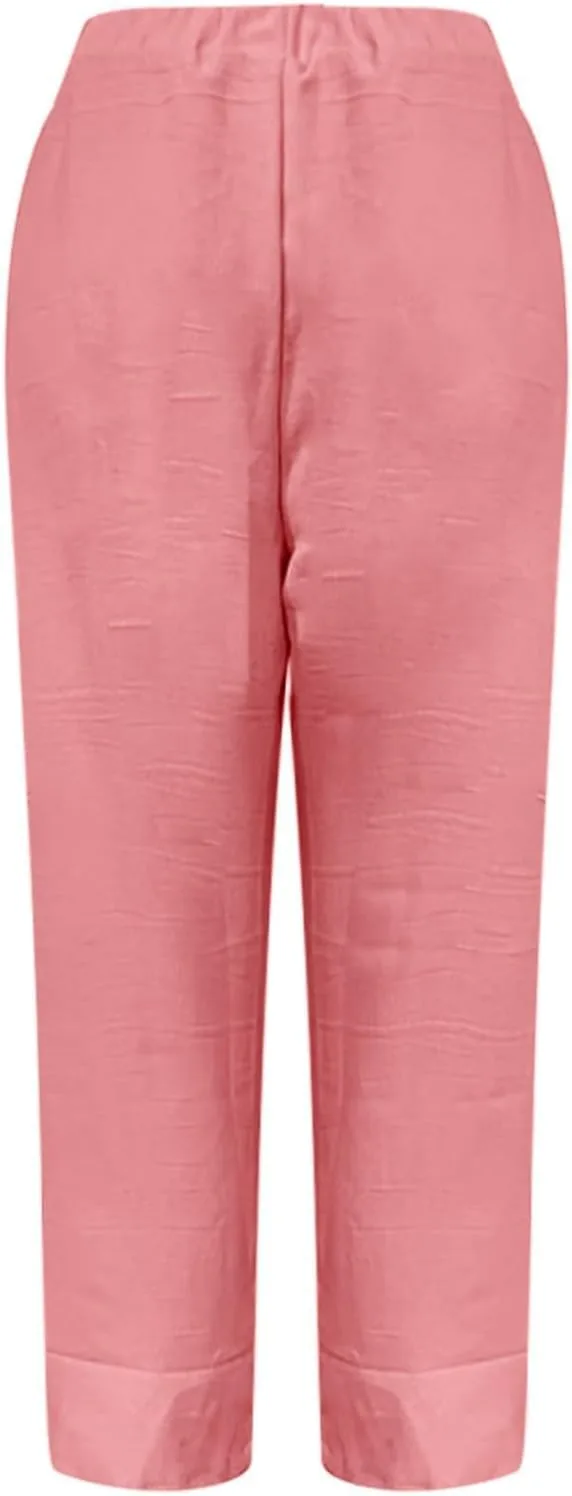 Женские капри, укороченные брюки, эластичный пояс, льняные брюки, летние повседневные капри, свободный крой, брюки до середины икры Generic, розовый — фото 4