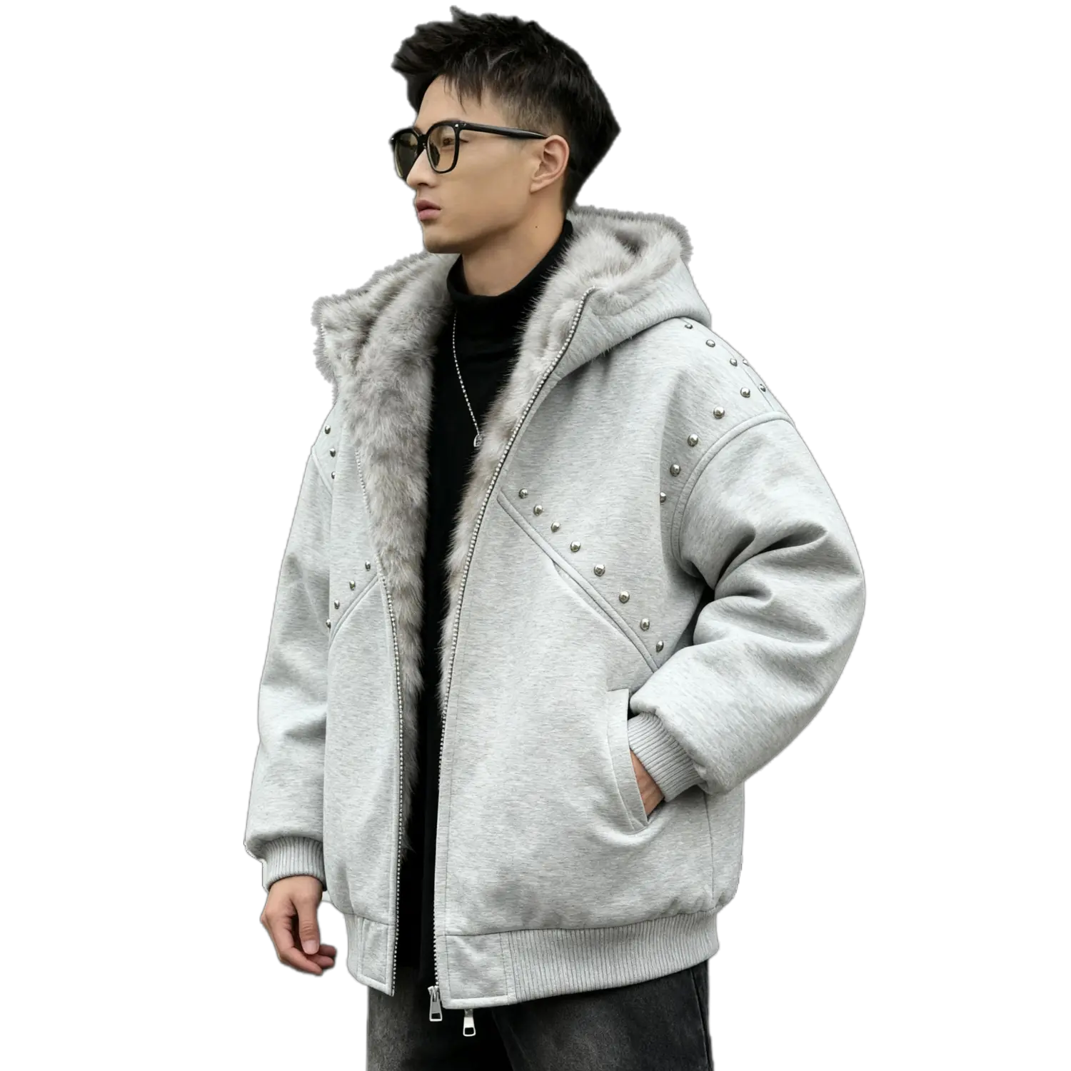 

Пуховик Unisex с меховым воротником и флисовой подкладкой Others X1617, светло-серый hooded mountain hawk coat