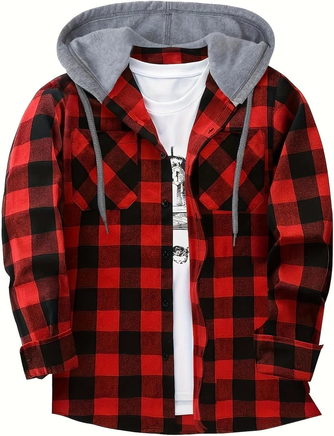 

Мужская фланелевая толстовка с капюшоном, длинный рукав, на пуговицах, с нагрудными карманами eoeioa