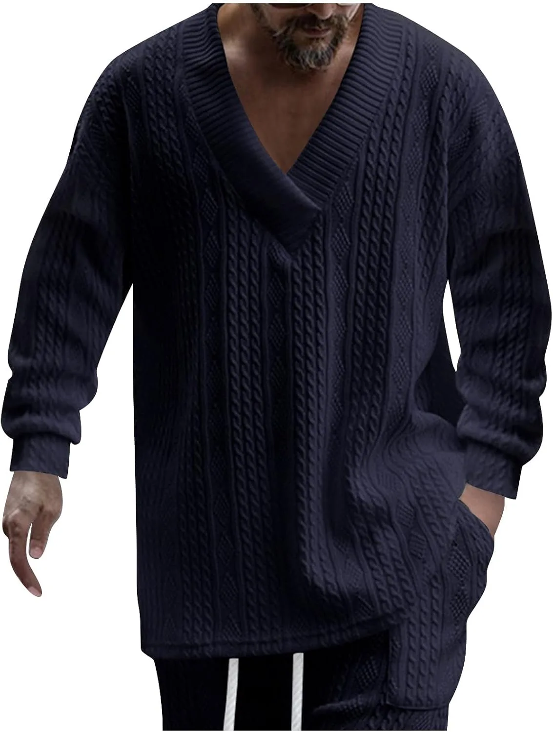 

Мужской свитер V-образного выреза с длинными рукавами и фактурной вязкой Ymosrh