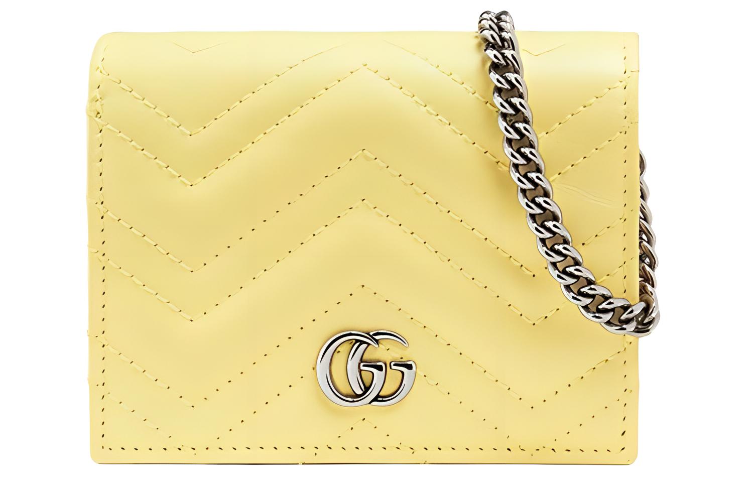 

GUCCI Кожаный стеганый картхолдер на цепочке Миниатюрная женская сумка через плечо Желтый цвет Конфетный оттенок Единороговая расцветка