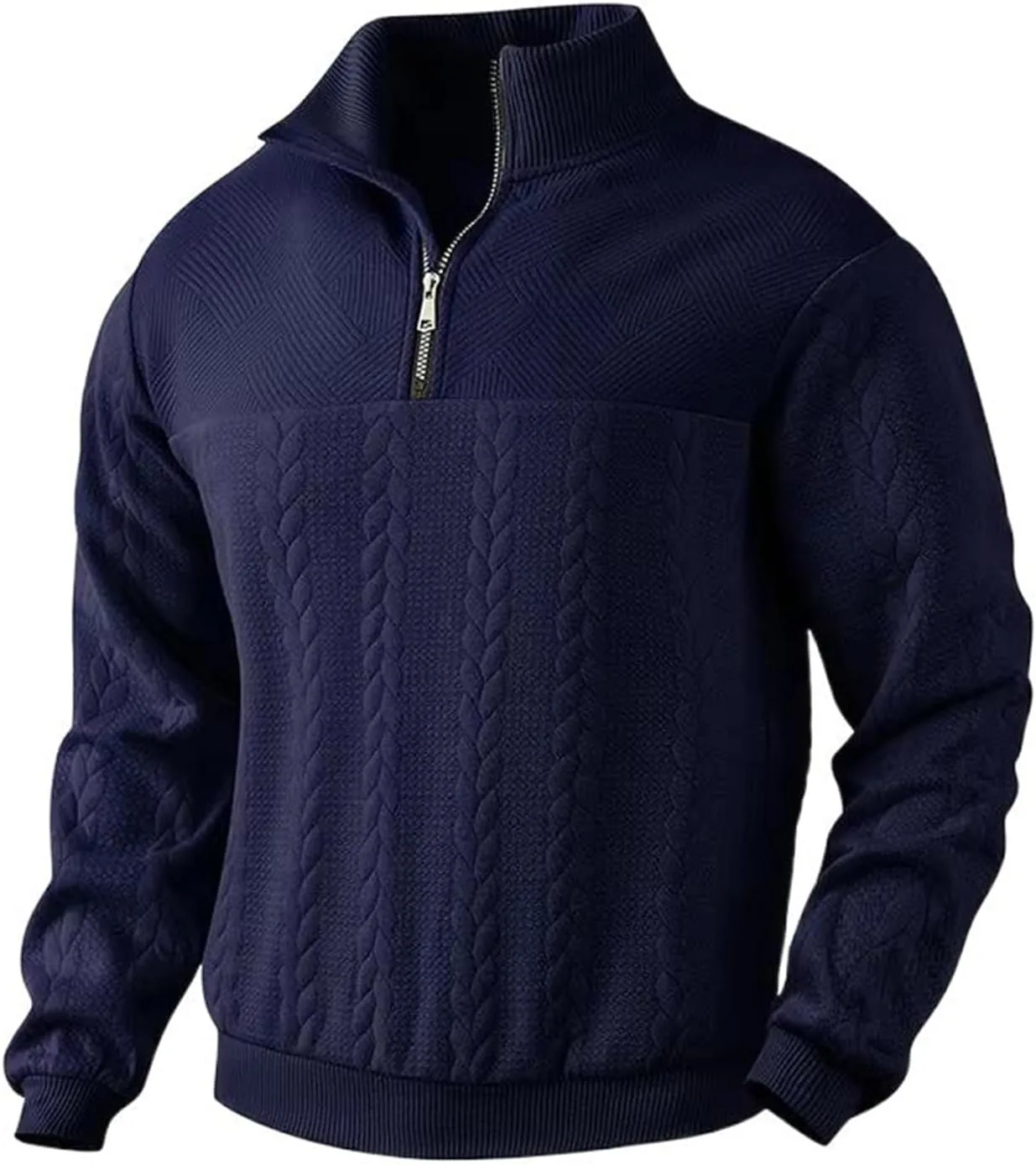 

Мужской вязаный свитшот с полумолнией, стойкой и капюшоном в стиле пэчворк — Navy Blue08 LISHIREN