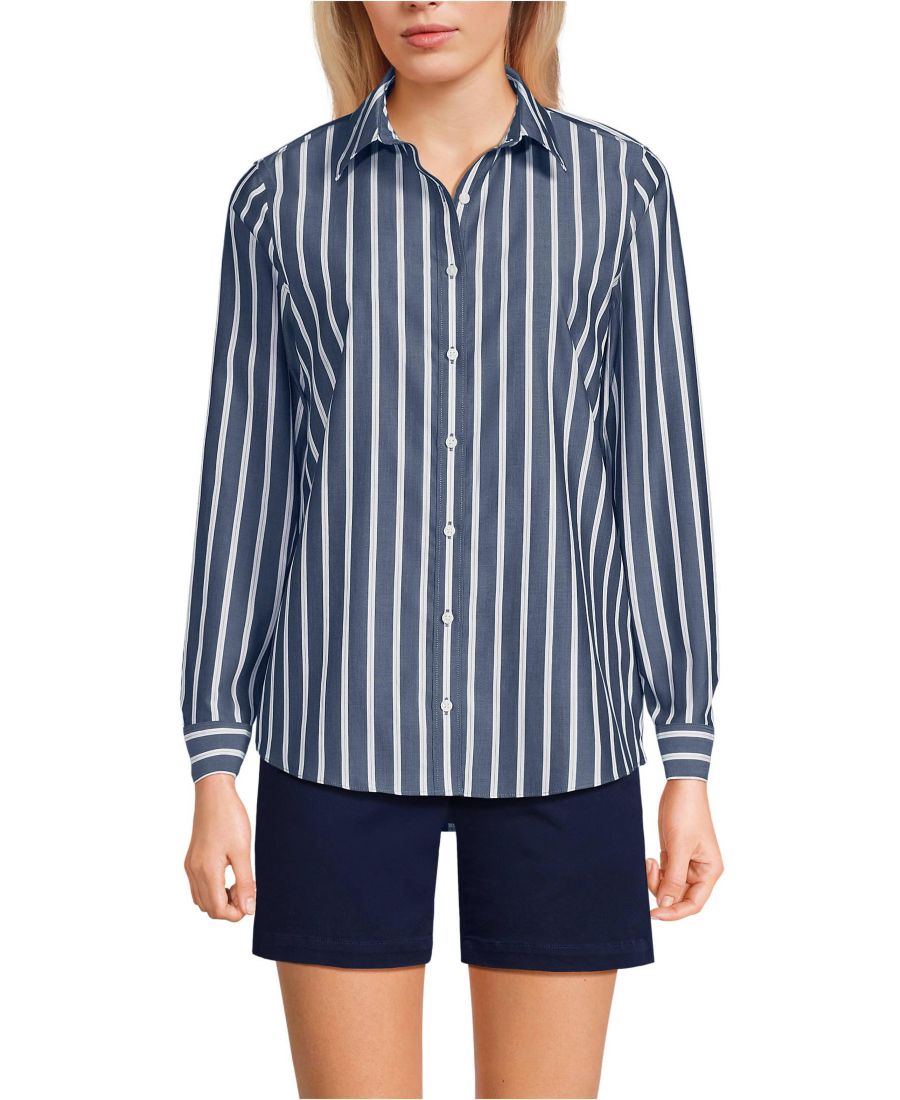 

Женская рубашка без глажки на пуговицах спереди Lands' End, Navy/white dual stripe