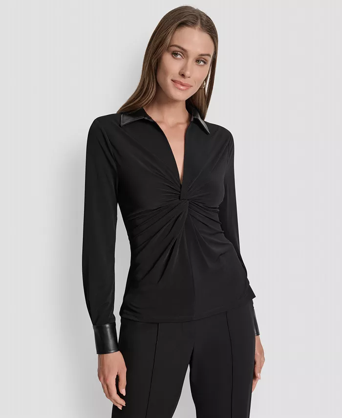 

Женский топ с перекрученным передом и контрастной отделкой DKNY, черный