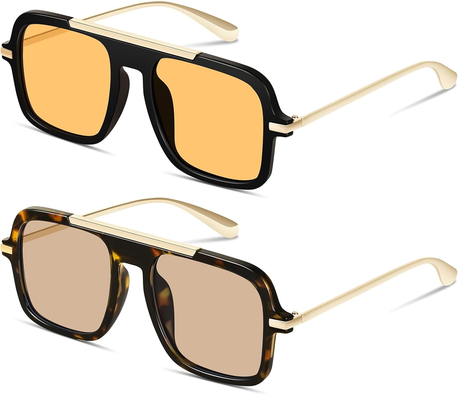 

Модные солнцезащитные очки-авиаторы для женщин и мужчин, ретро-квадратные, в стиле 70-х, винтажные, металлические, дизайнерские, с защитой от УФ-излучения YMRFW, 2pack (Black/Orange+tortoise/Champagne)