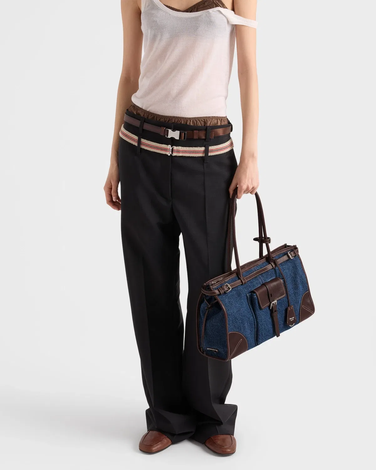 Большая джинсовая и кожаная сумка Prada Bonnie, синий — фото 2