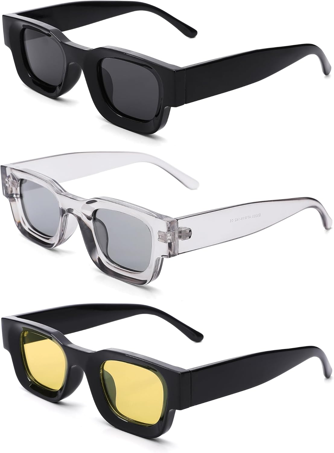

Солнцезащитные очки Hycredi прямоугольной формы для женщин и мужчин, массивные квадратные поляризованные солнцезащитные очки в стиле ретро 90-х, защита UV400, A8* 3 Pack - (Black/Grey +Black/Yellow +Transparent Grey/Grey）
