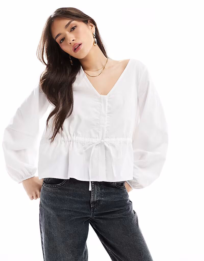 

Белая блузка ASOS DESIGN из поплина с завязками на талии и рукавами-коконами