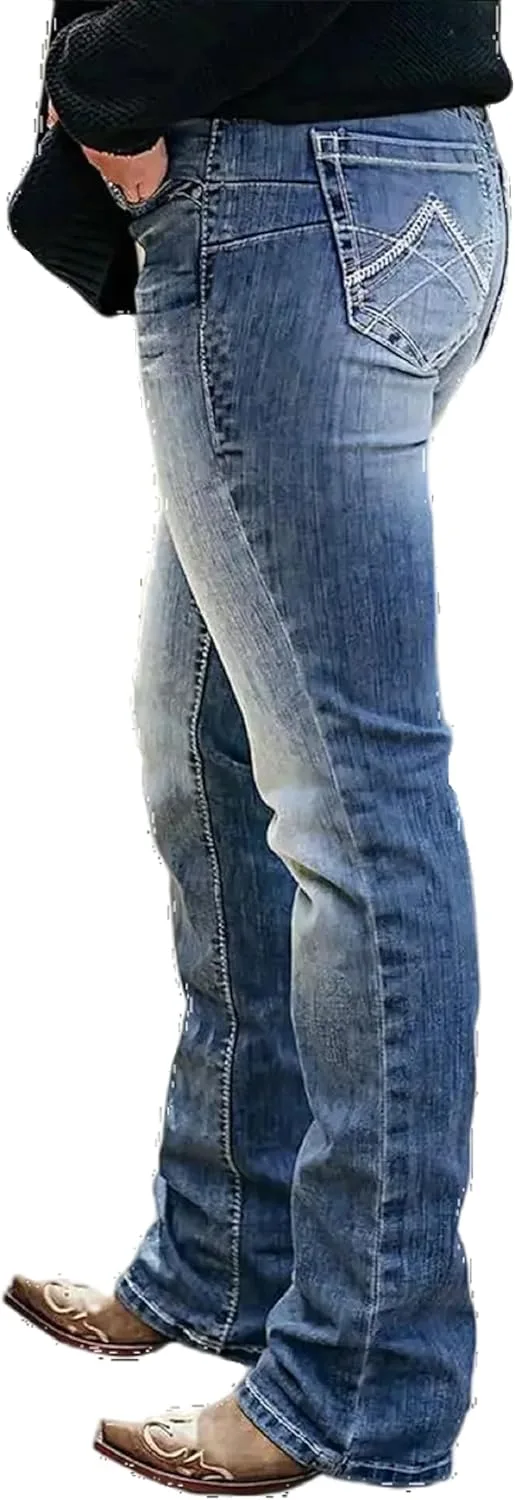 

Женские джинсы с потертостями и декорированными задними карманами, расклешенные свободного кроя Huang's