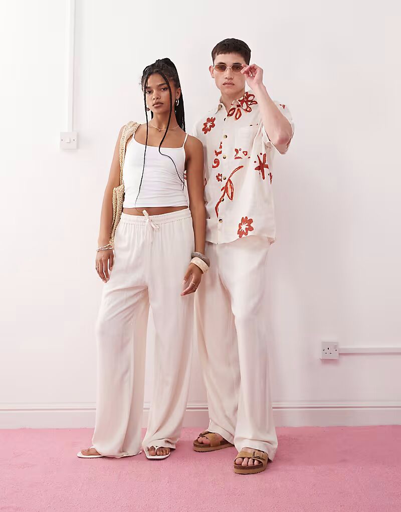 

Свободные брюки унисекс из смешанного льна цвета кремовый Reclaimed Vintage