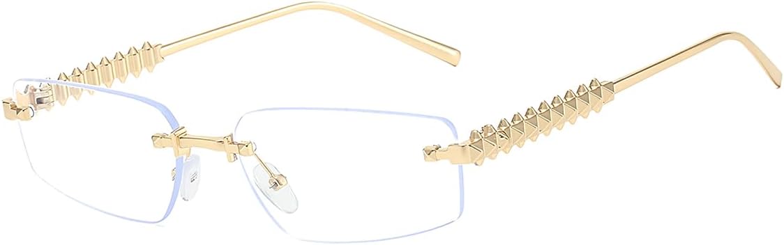 

Солнцезащитные очки без оправы, прямоугольной формы, защита от ультрафиолета UV400, прозрачные градиентные линзы, спиральные заклепки, металлические дужки, винтажный стиль LumiSyne, Transparent / Gold