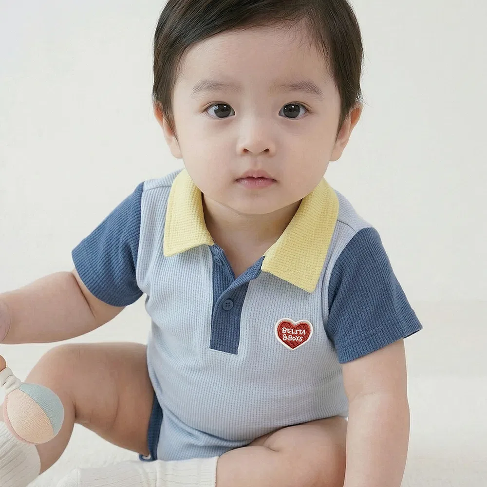Детский боди-поло с коротким рукавом "Baby BB Heart Color Block Waffle" светло-голубой от Belita&Boys