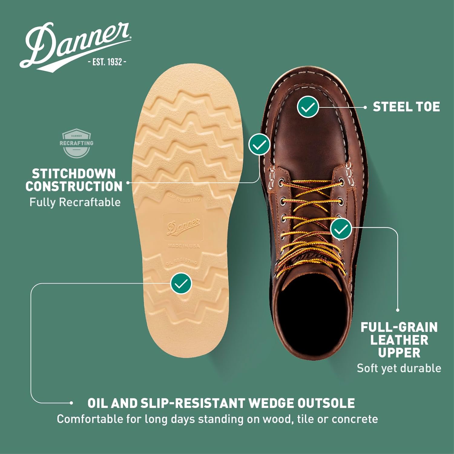 Рабочие ботинки Danner Bull Run 15 см со стальным носком для мужчин - промасленная натуральная кожа, нескользящая подошва на танкетке и стелька с трехслойной амортизацией, устойчивые к электромагнитной нагрузке, коричневый — фото 4