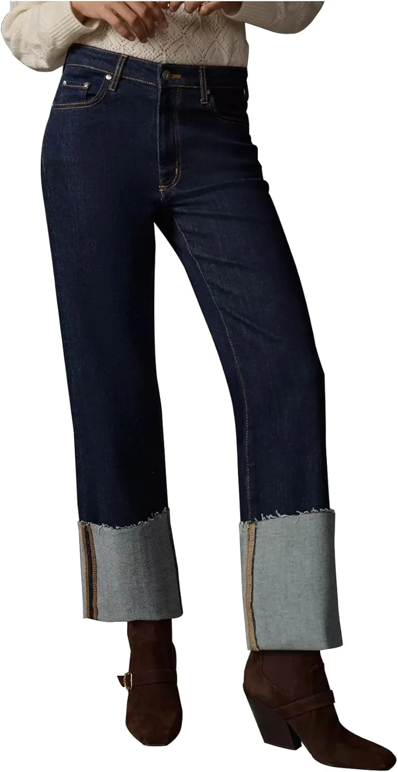 

Женские джинсы с широкими штанинами и манжетами, завышенная талия, прямой крой, эластичный деним YEXPINE