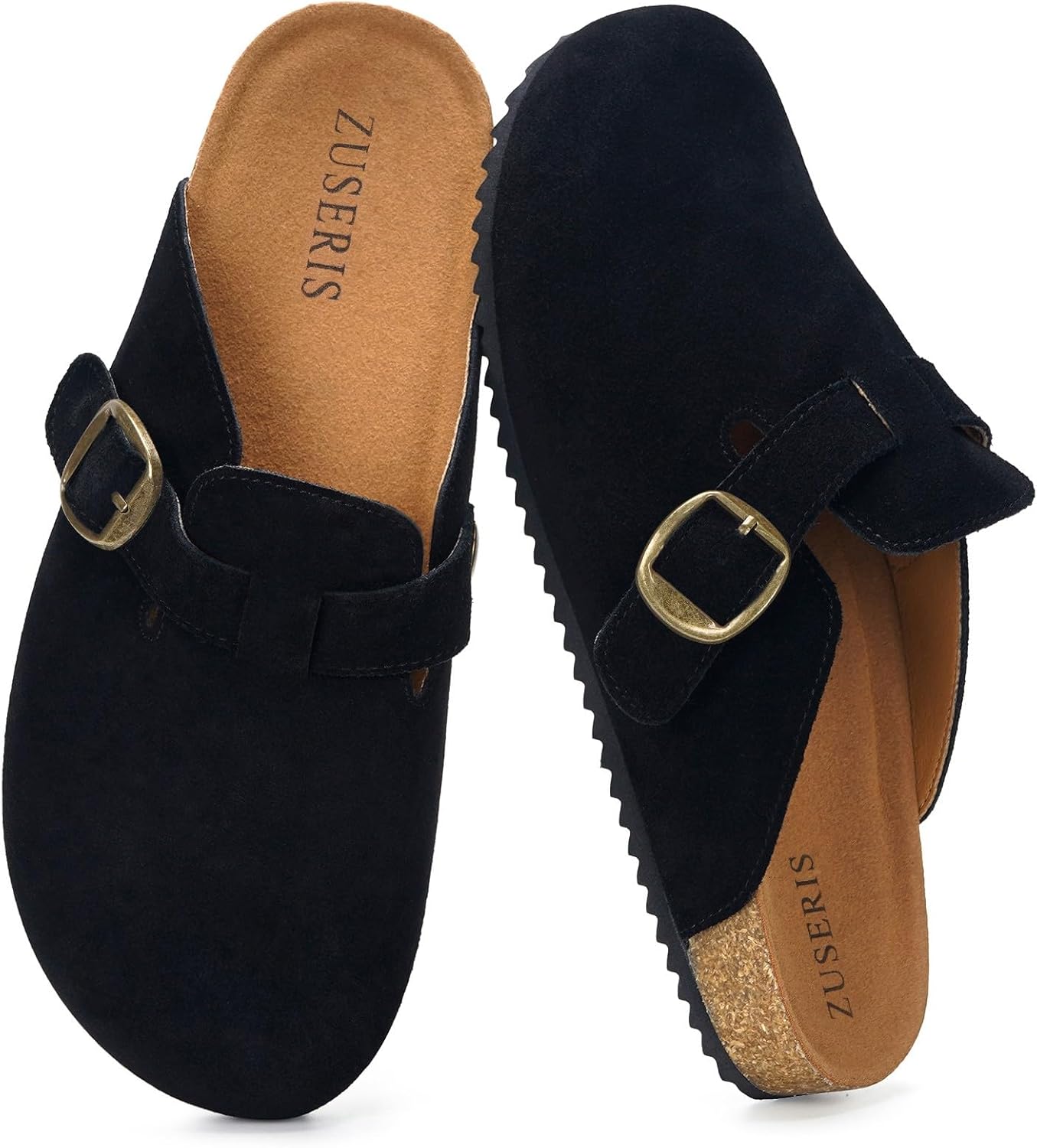 

Женские и мужские замшевые сабо ZUSERIS с широким размером, кожаные мюли, сандалии с пробковой стелькой, удобные тапочки с поддержкой свода стопы, черный