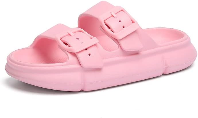 

Тапочки-подушечки для женщин и мужчин, регулируемые шлепанцы с двойной пряжкой, сандалии с толстой мягкой подошвой и открытым носком Fswinder, розовый