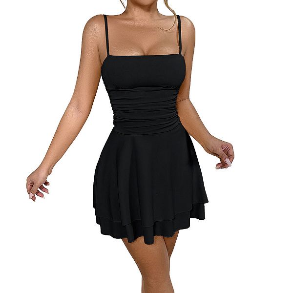 

Женское платье миди с квадратным вырезом, без рукавов, со сборками на талии и двойным слоем Clearflower, Black